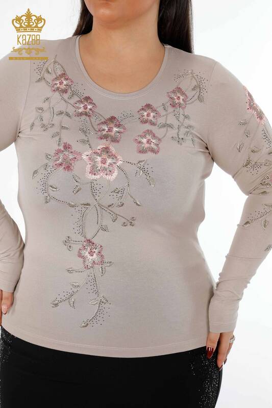 Vente en gros de pull en tricot pour femmes ras du cou fleur à motifs pierre broderie - 79017 | KAZEE