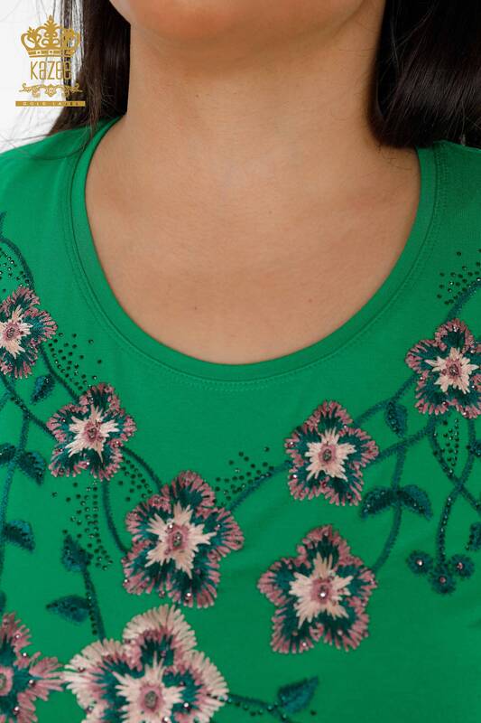 Vente en gros de pull en tricot pour femmes ras du cou fleur à motifs pierre broderie - 79017 | KAZEE