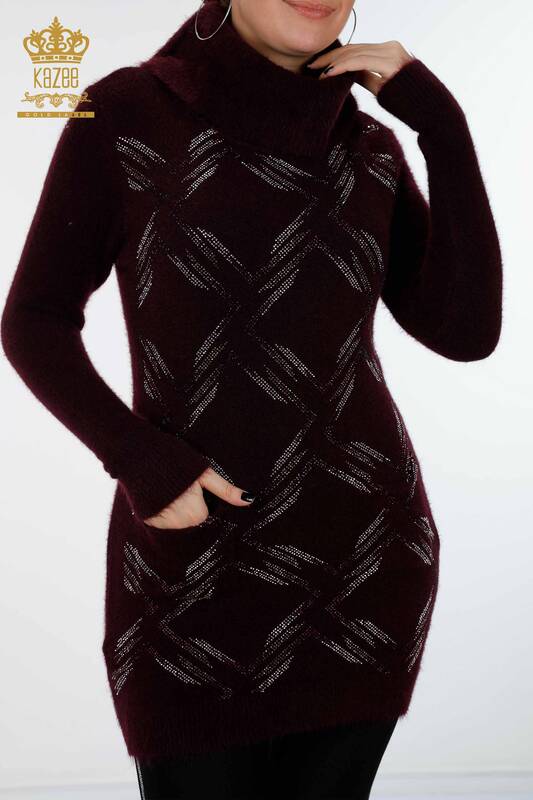 Vente en gros de tunique de tricot pour femmes motif de cou brodé de pierre de poche - 18905 | KAZEE