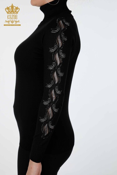 Vente en gros de tricots pour femmes à col roulé avec pierre détaillée brodée - 15885 | KAZEE - Thumbnail