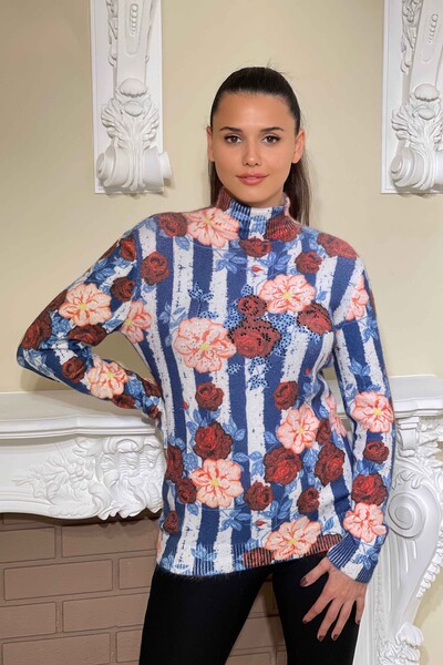 Vente en gros de tricots pour femmes imprimés numériques de fleurs angora brodées - 18608 | KAZEE - Thumbnail