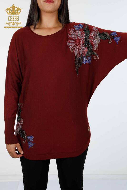 Vente en gros de tricots pour femmes manches chauve-souris fleur détaillée pierre brodée - 16190 | KAZEE