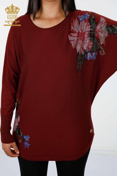 Vente en gros de tricots pour femmes manches chauve-souris fleur détaillée pierre brodée - 16190 | KAZEE - Thumbnail