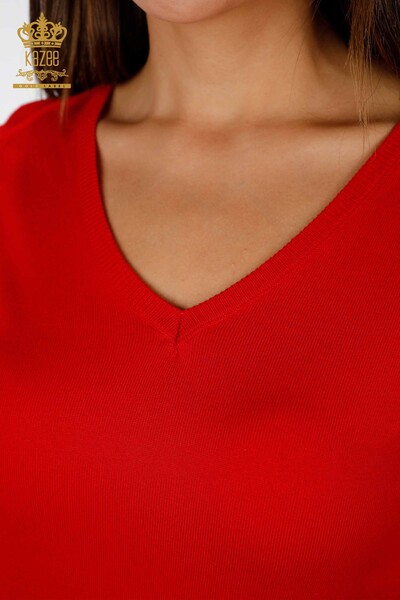 Vente en gros de tricots pour femmes à manches longues à col en V détaillé - 14339 | KAZEE - Thumbnail