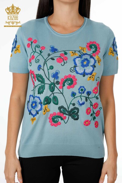 Vente en gros de tricots pour femmes manches courtes brodées florales détaillées avec pierre - 16752 | KAZEE - Thumbnail