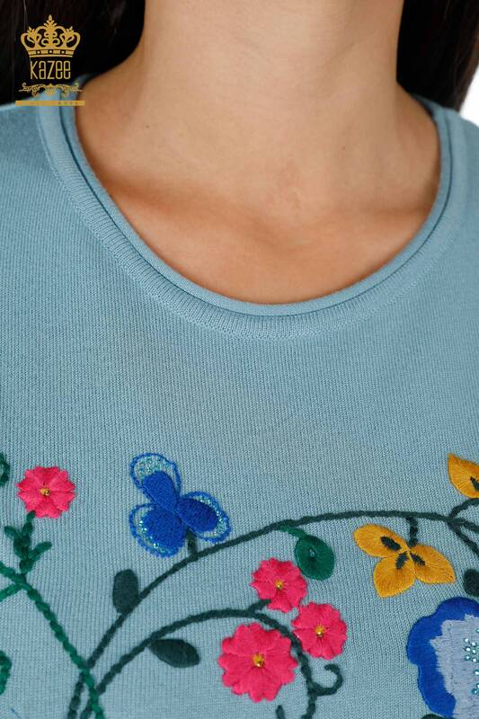 Vente en gros de tricots pour femmes manches courtes brodées florales détaillées avec pierre - 16752 | KAZEE