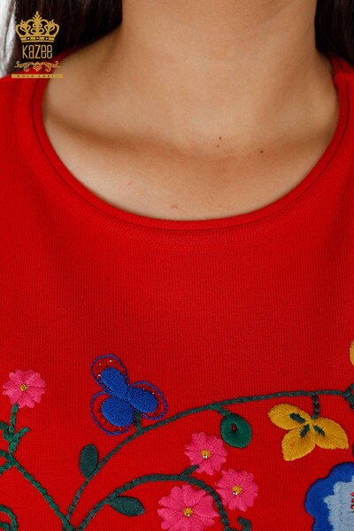 Vente en gros de tricots pour femmes manches courtes brodées florales détaillées avec pierre - 16752 | KAZEE - Thumbnail