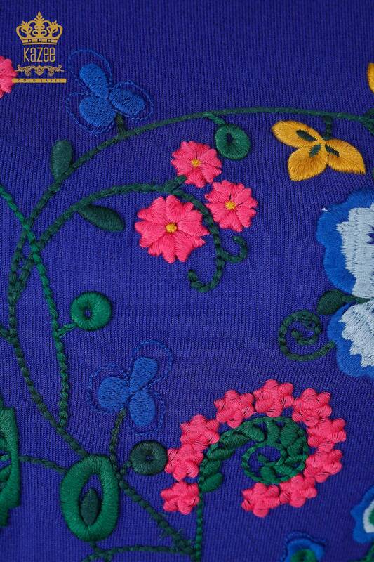 Vente en gros de tricots pour femmes manches courtes brodées florales détaillées avec pierre - 16752 | KAZEE