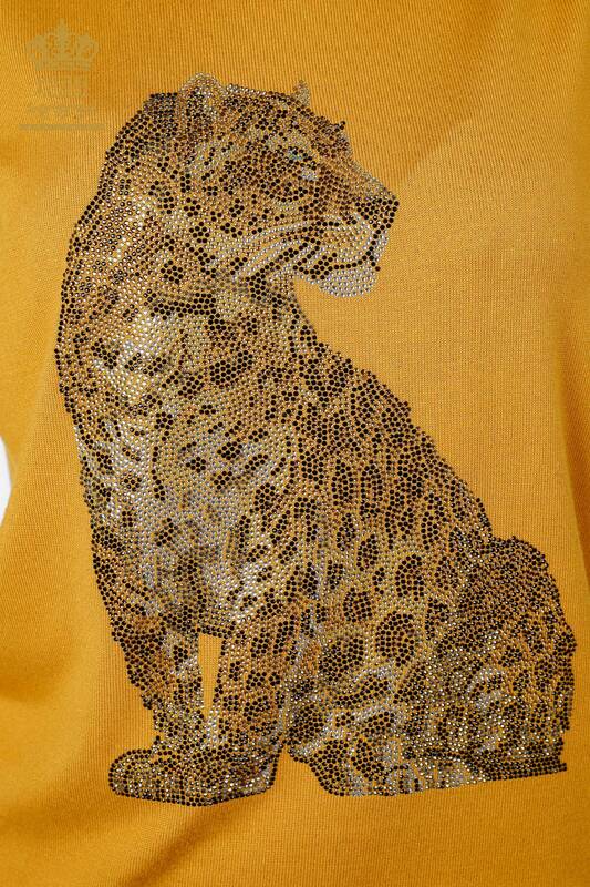 Vente en gros de tricots pour femmes à manches courtes à motif léopard et à rayures brodées - 16856 | KAZEE