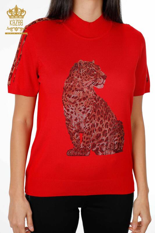 Vente en gros de tricots pour femmes à manches courtes à motif léopard et à rayures brodées - 16856 | KAZEE