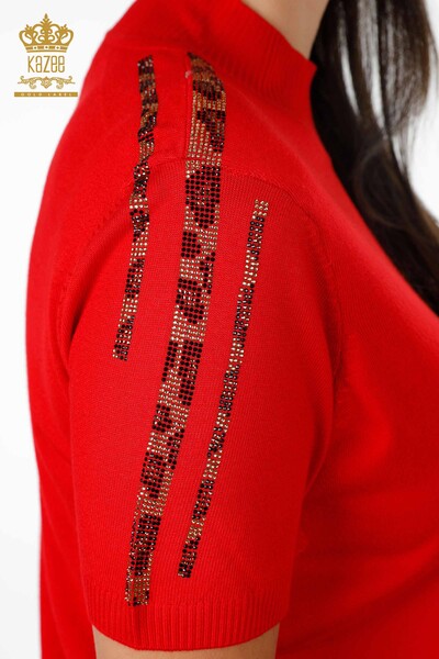 Vente en gros de tricots pour femmes à manches courtes à motif léopard et à rayures brodées - 16856 | KAZEE - Thumbnail