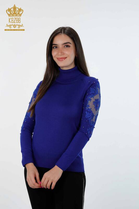 Vente en gros de tricots pour femmes manches tulle pierre détaillée viscose brodée - 15139 | KAZEE