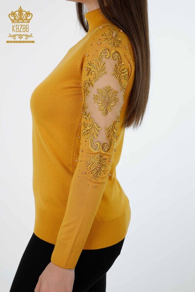 Vente en gros de tricots pour femmes manches tulle pierre détaillée viscose brodée - 15139 | KAZEE - Thumbnail