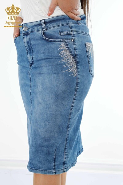 Vente en gros de jupe en jean pour femmes cristal pierre poche brodée détaillée - 4179 | KAZEE - 2