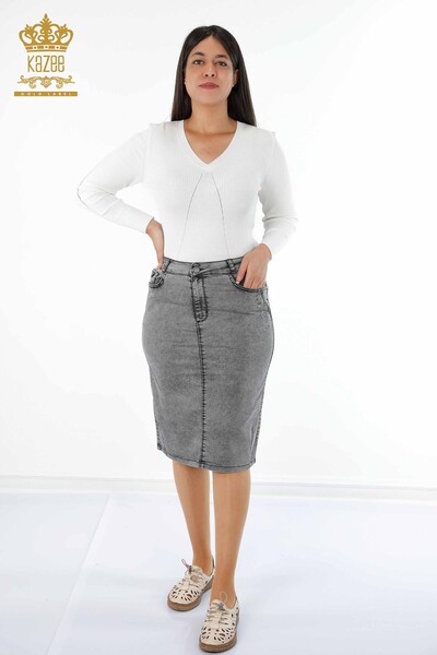 Vente en gros de jupe en jean pour femmes cristal pierre poche brodée détaillée - 4179 | KAZEE - 8