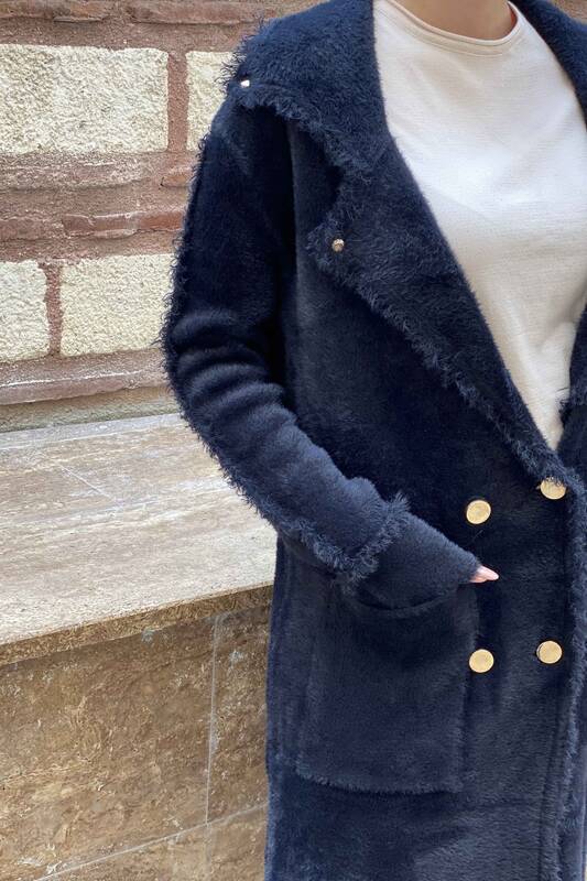 Vente en gros Manteau détaillé à deux poches en angora pour femmes - 19055 | KAZEE