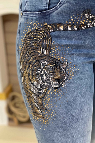 Vente en gros de pantalons brodés de pierres à motif de tigre pour femmes.- 3260 | KAZEE - Thumbnail