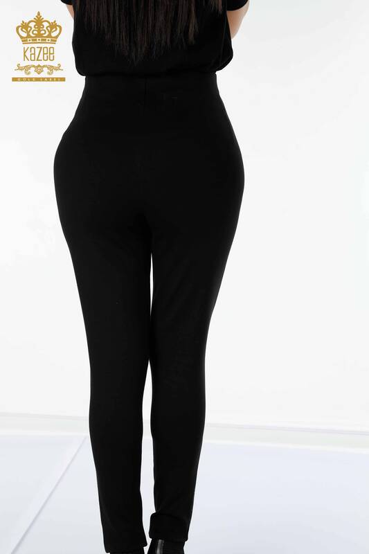 Grossiste Pantalon Femme Noir Avec Boutons Brodés Pierre - 3479 | KAZEE