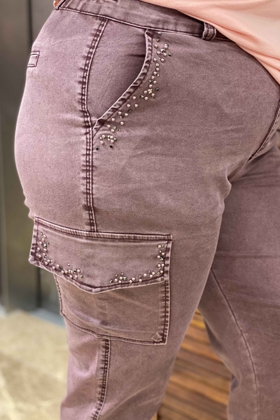 Vente en gros de pantalons de poche cargo brodés de pierre pour femmes - 3220 | KAZEE - Thumbnail