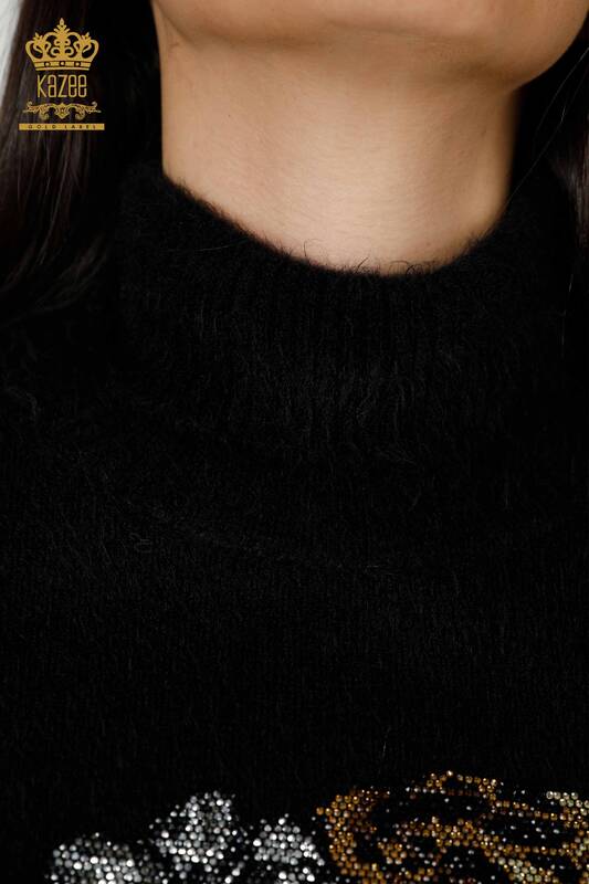 Vente en gros de pull en maille pour femmes Pierre brodée à motifs Angora Noir - 16993 | KAZEE