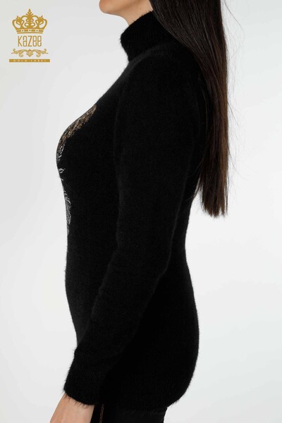 Vente en gros de pull en maille pour femmes Pierre brodée à motifs Angora Noir - 16993 | KAZEE - Thumbnail