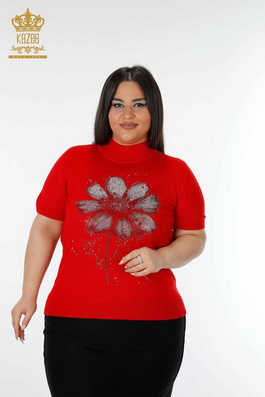 Grossiste Pull Femme Tricot Motif Floral Rouge - 16912 | KAZEE