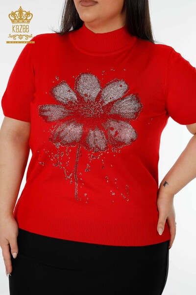 Grossiste Pull Femme Tricot Motif Floral Rouge - 16912 | KAZEE - Thumbnail