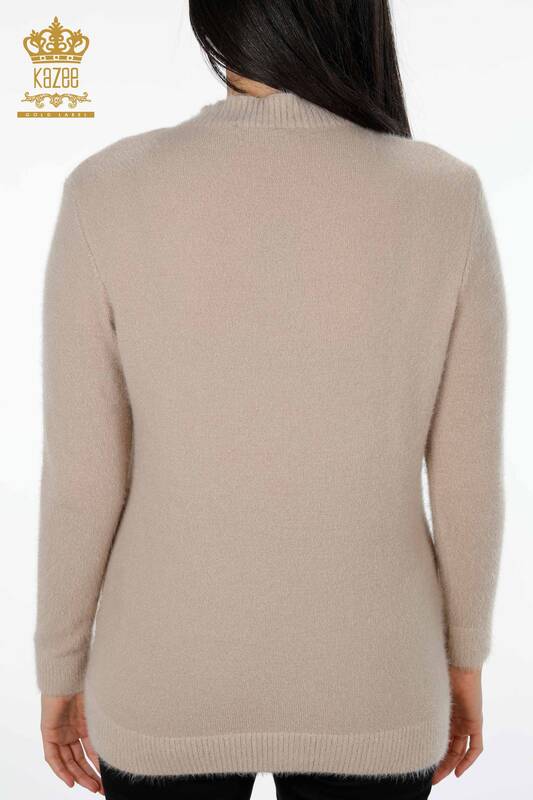 Grossiste Pull en Tricot Femme Angora Logo Stand Up Collar Basic - 18915 | KAZEE