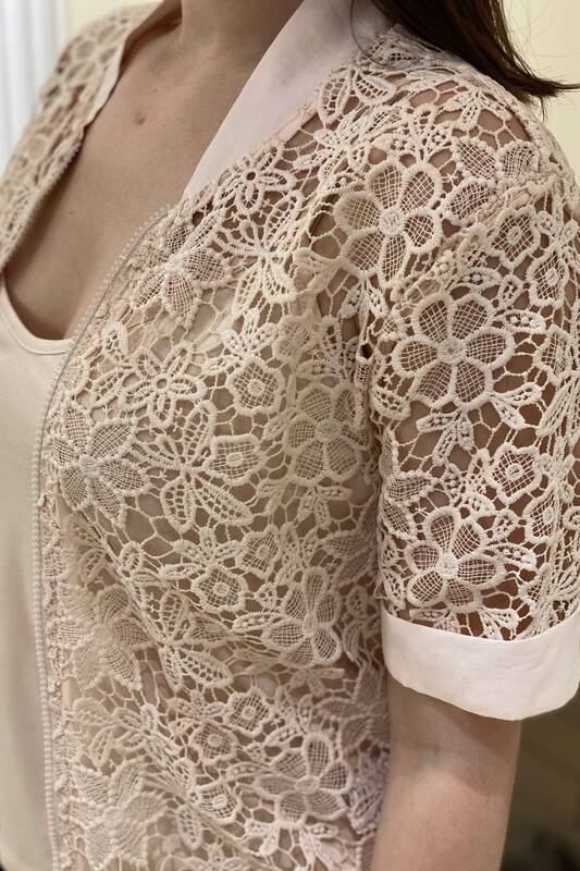 Vente en gros de veste zippée en dentelle brodée florale pour femme - 17173 | KAZEE