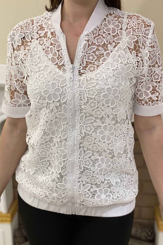 Vente en gros de veste zippée en dentelle brodée florale pour femme - 17173 | KAZEE