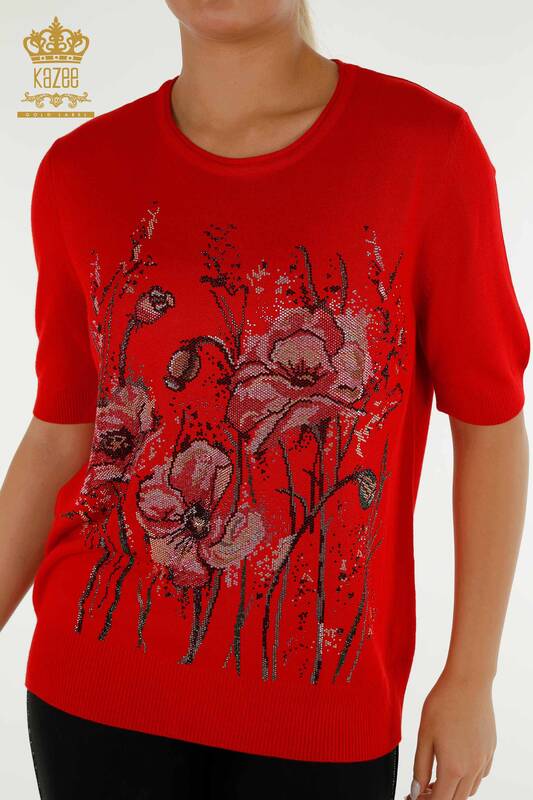 Женский трикотаж оптом, красный свитер с цветочным узором - 30214 | КАZEE