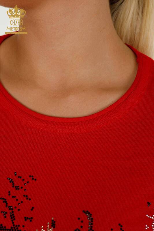Женский трикотаж оптом, красный свитер с цветочным узором - 30214 | КАZEE