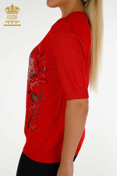 Женский трикотаж оптом, красный свитер с цветочным узором - 30214 | КАZEE - Thumbnail