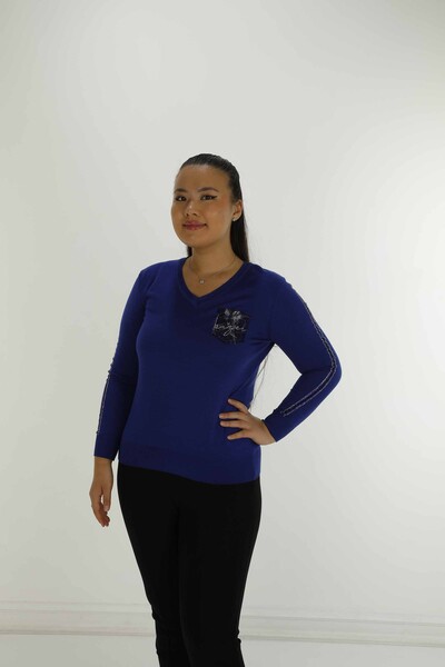 V Yaka Taş Detaylı Uzun Kol Triko Saks - 30751 | KAZEE - Kazee