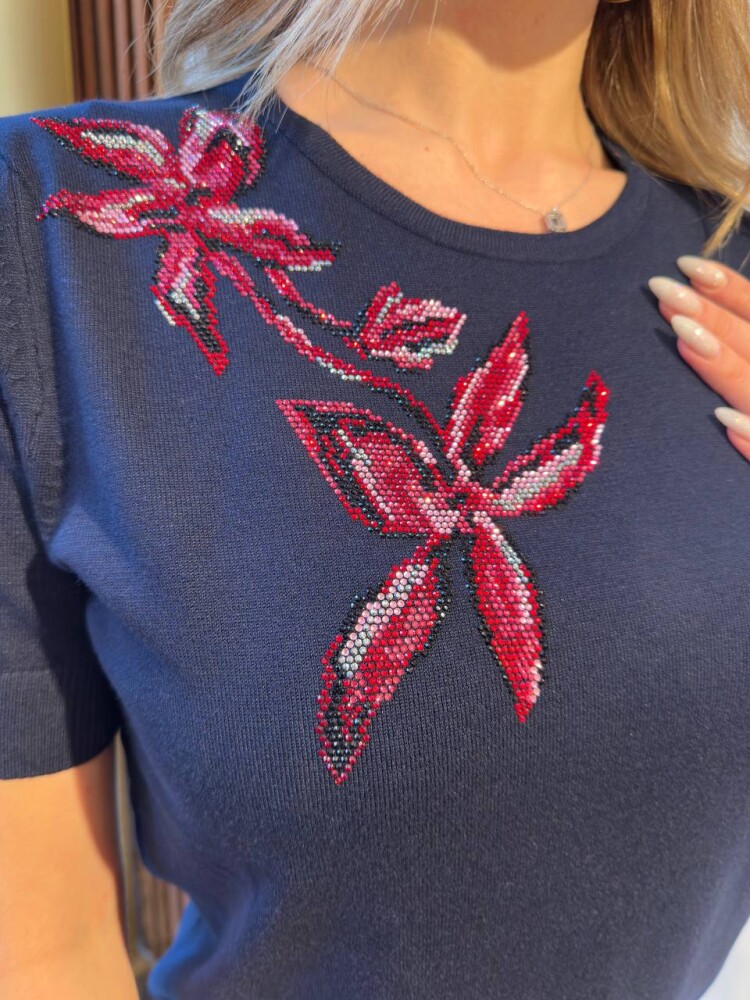 Вязаный свитер с отделкой камнями, темно-синий, 31051 | KAZEE (комплект из 3 предметов, размеры S-M-L) - 5