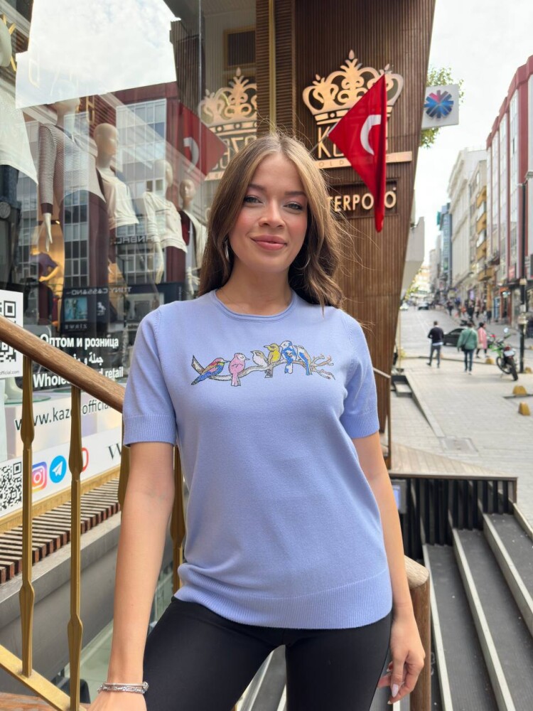 Вязаный свитер с птичьим узором, синий - 31831 | KAZEE (комплект из 3 предметов S-M-L) - 1