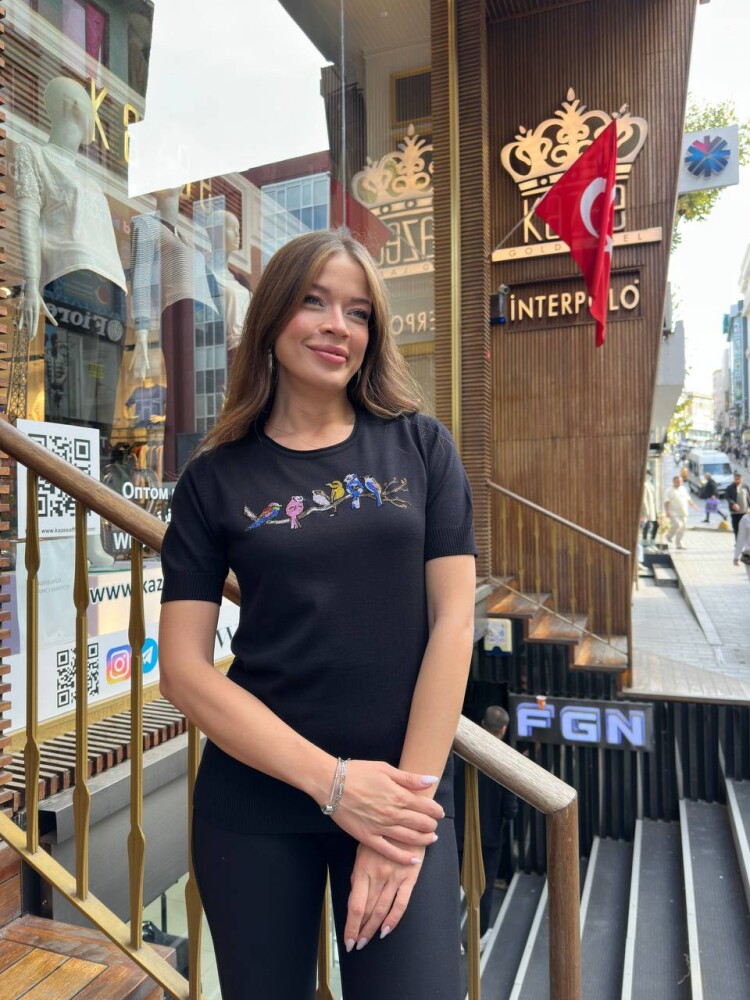 Вязаный свитер с рисунком птиц - Черный - 31831 | KAZEE (комплект из 3 предметов S-M-L) - 2