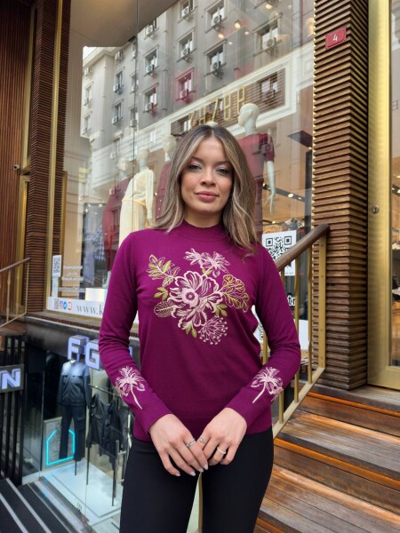 Вязаный свитер с цветочной вышивкой, цвет фуксия, артикул 32088 | KAZEE (комплект из 3 предметов, размеры M-L-XL) 