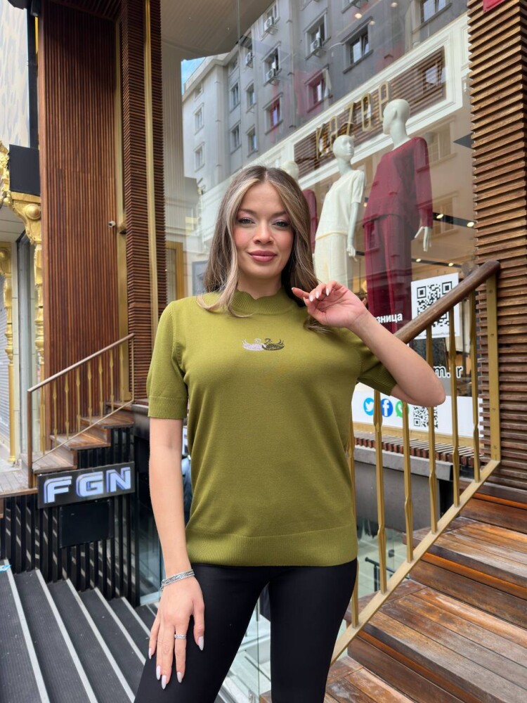 Вязаный свитер с узором «Лебедь» зеленый 32160 | KAZEE (комплект из 3 предметов, размеры S-M-L) - 3