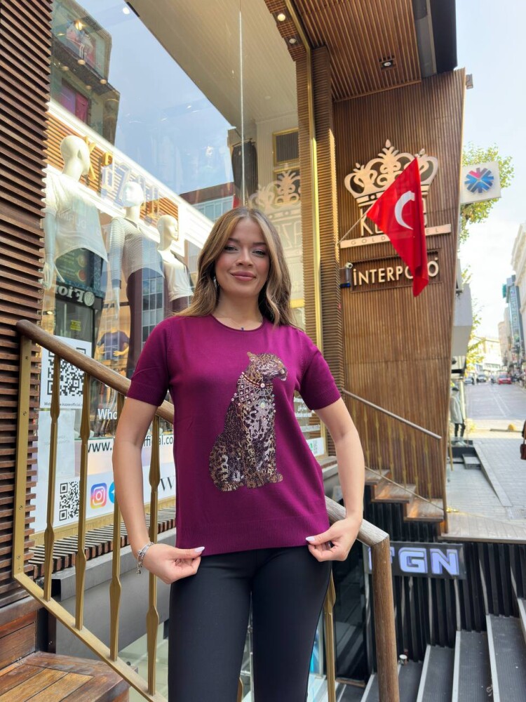 Вязаный свитер с тигровым узором - фуксия - 32208 | KAZEE (комплект из 3 предметов, размеры L-XL-2XL) - 1