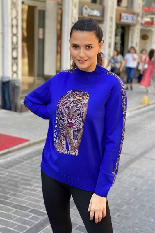 Wholesale Knitwear Sweater Tiger Pattern Stone Embroidered - 16437 | KAZEE