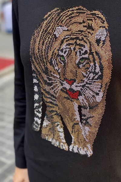 Wholesale Knitwear Sweater Tiger Pattern Stone Embroidered - 16437 | KAZEE - Thumbnail