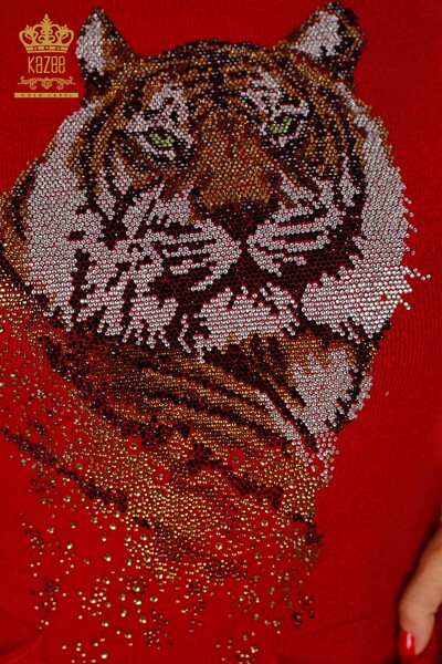 Wholesale Women's Angora Tunic Tiger Patterned Stone Embroidered Pocket - 18880 | KAZEE - Thumbnail