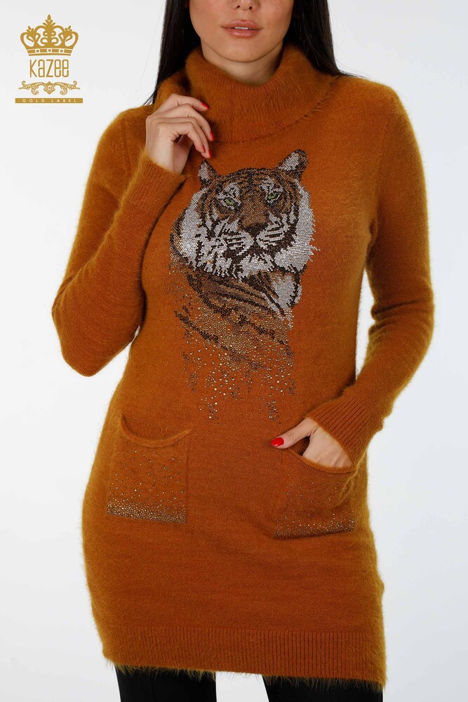 Wholesale Women's Angora Tunic Tiger Patterned Stone Embroidered Pocket - 18880 | KAZEE - 8