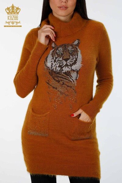 Wholesale Women's Angora Tunic Tiger Patterned Stone Embroidered Pocket - 18880 | KAZEE - Thumbnail
