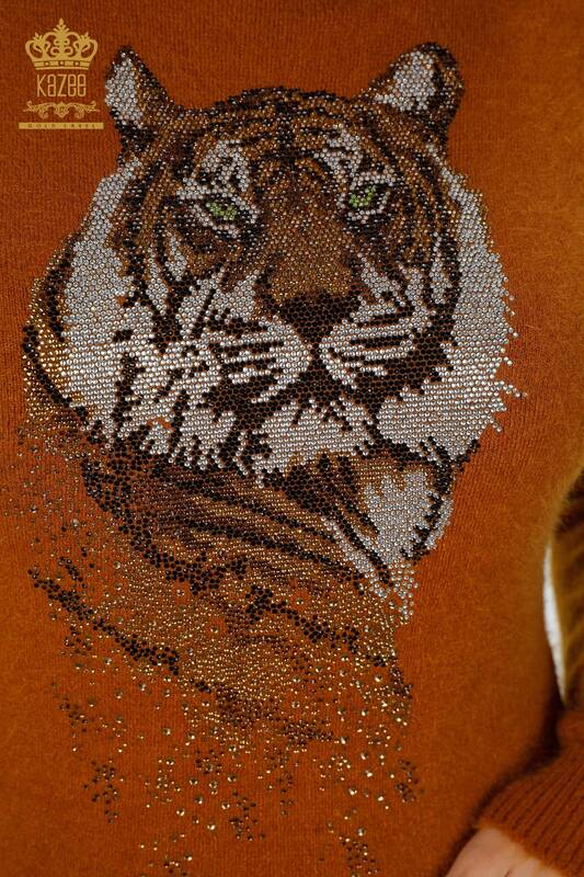Wholesale Women's Angora Tunic Tiger Patterned Stone Embroidered Pocket - 18880 | KAZEE