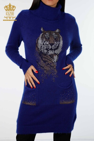 Wholesale Women's Angora Tunic Tiger Patterned Stone Embroidered Pocket - 18880 | KAZEE - 14