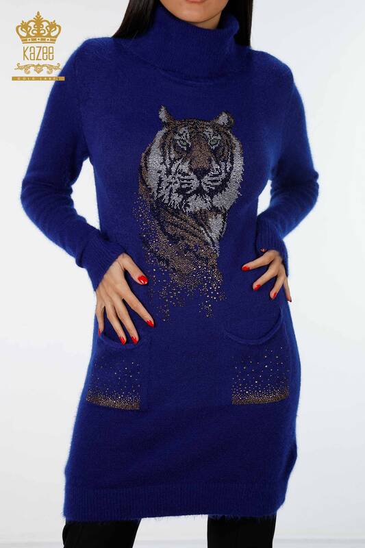 Wholesale Women's Angora Tunic Tiger Patterned Stone Embroidered Pocket - 18880 | KAZEE