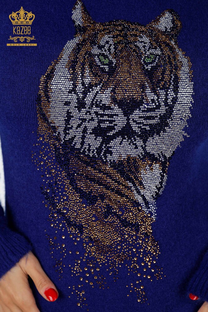 Wholesale Women's Angora Tunic Tiger Patterned Stone Embroidered Pocket - 18880 | KAZEE - 15