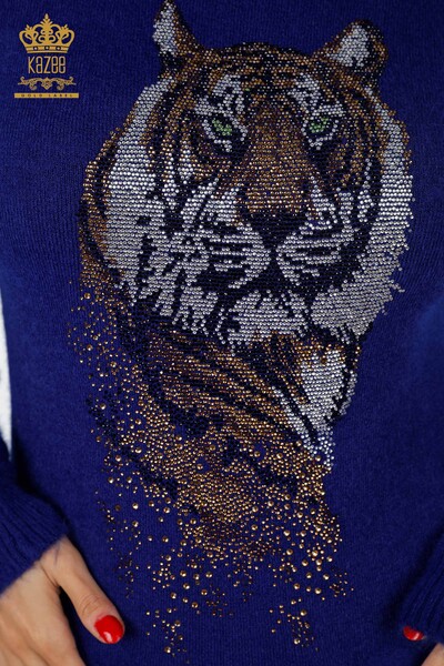 Wholesale Women's Angora Tunic Tiger Patterned Stone Embroidered Pocket - 18880 | KAZEE - 15